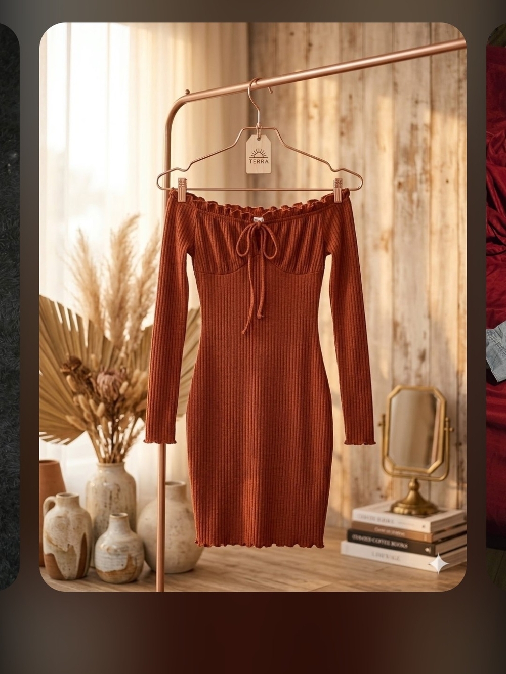Bear Dance Ribbed Tie-Front Midi Dress in Rust